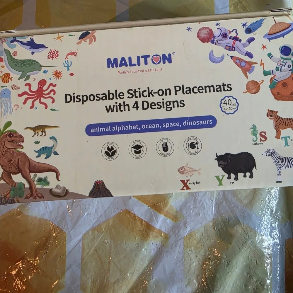 Maliton 40 Pack Disposable Stick-on Placemats for Toddlers Kids 4 Designs